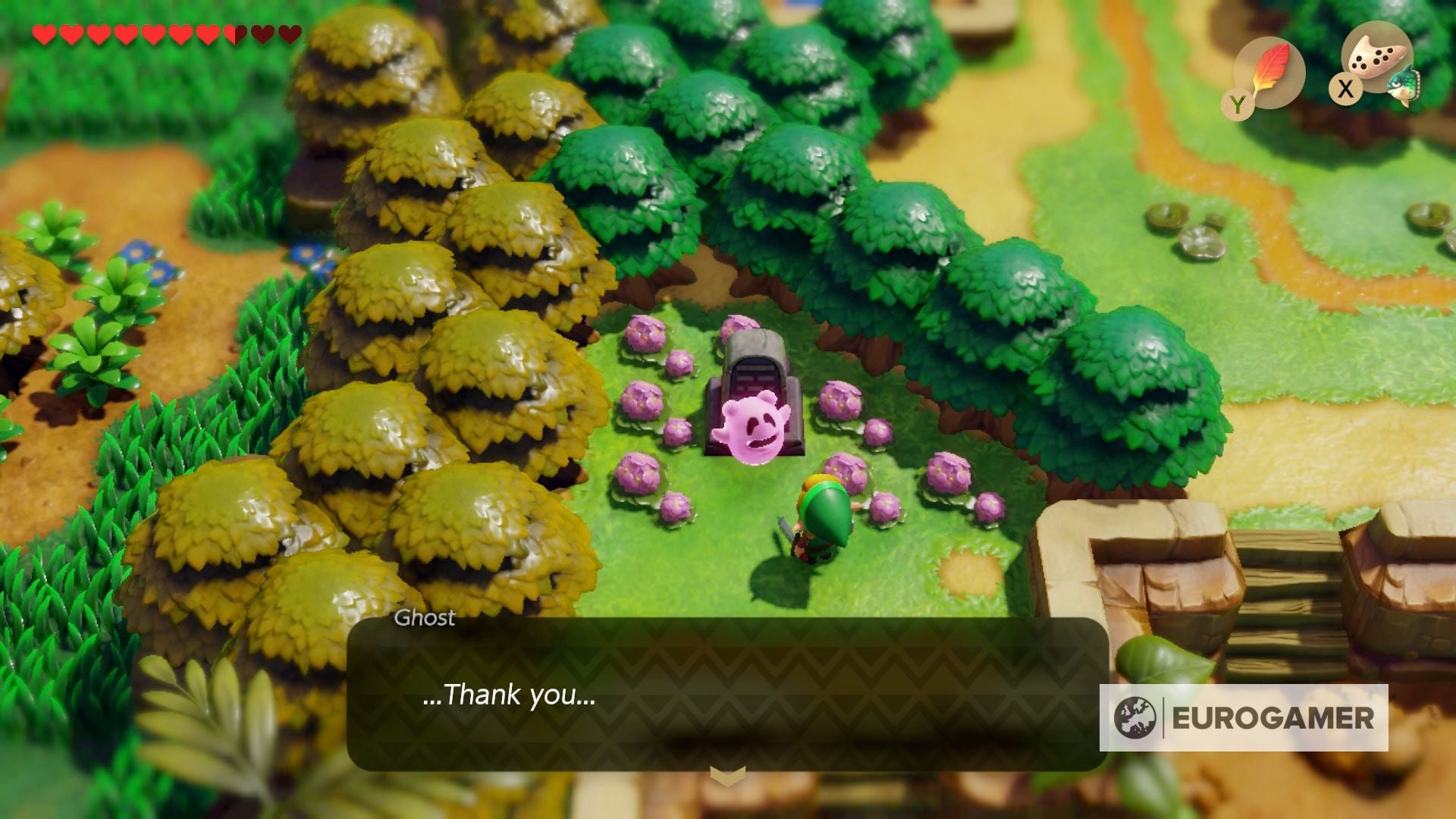 Zelda Link's Awakening Pink Ghost house and grave with flowers